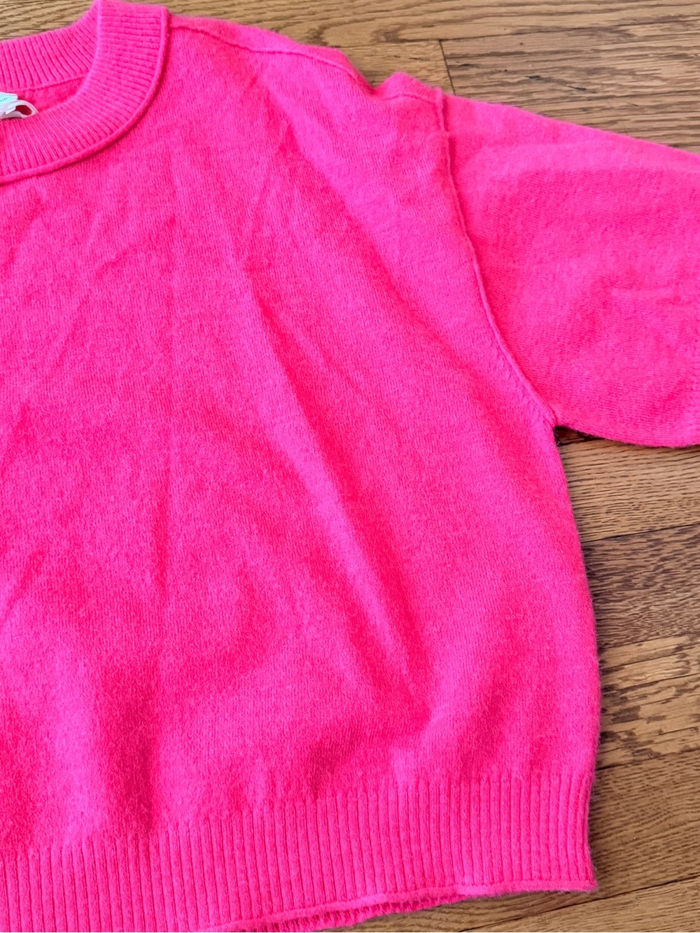 ANTHROPOLOGIE Hot Pink Crewneck Short Sleeve Sweater - Picture 2 of 7